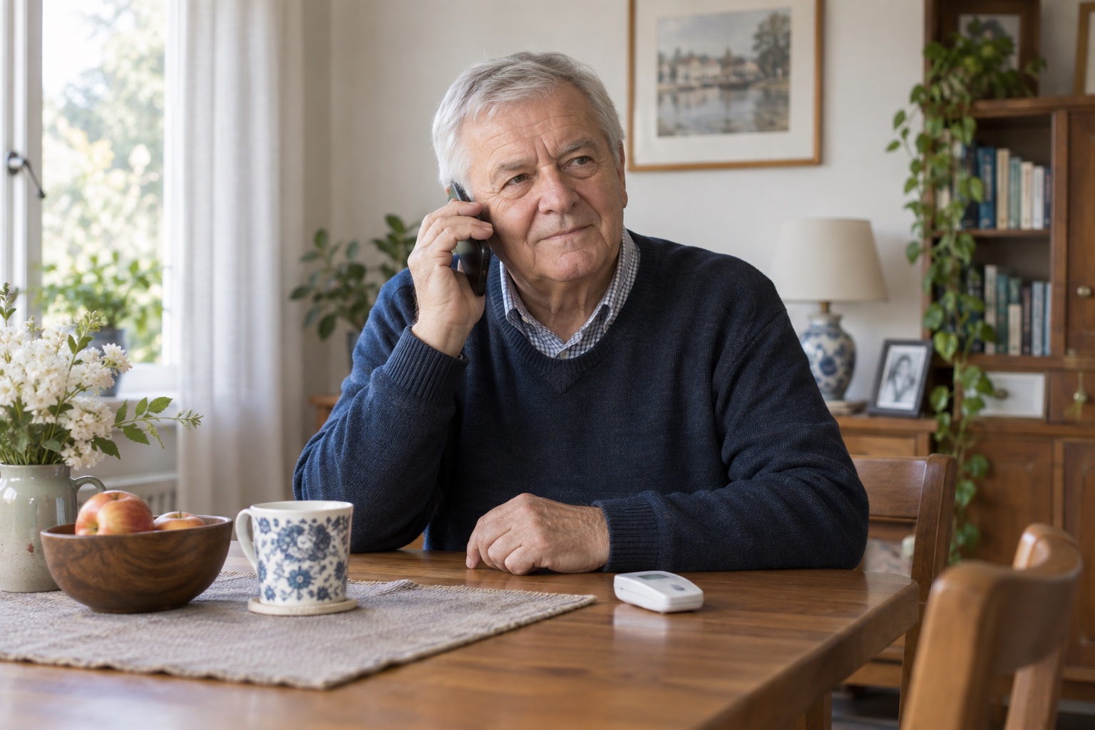 Senior rozmawia przez telefon, obok leży przenośny aparat do monitorowania serca